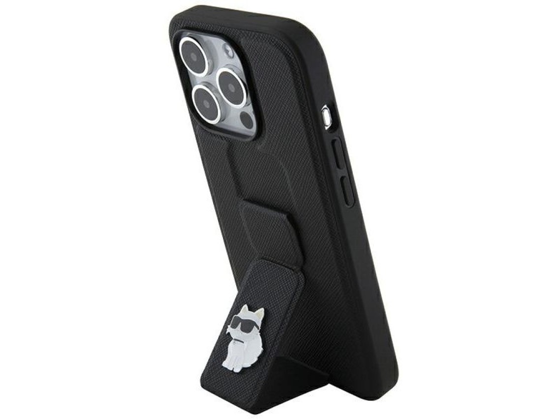 Karl Lagerfeld Gripstand Saffiano Choupette Pins case for iPhone 14 Pro - black
