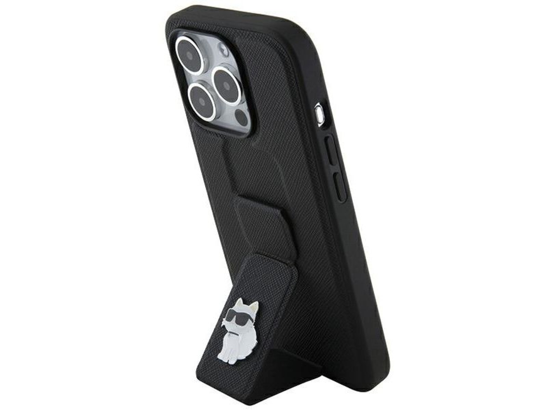 Karl Lagerfeld Gripstand Saffiano Choupette Pins case for iPhone 14 Pro - black