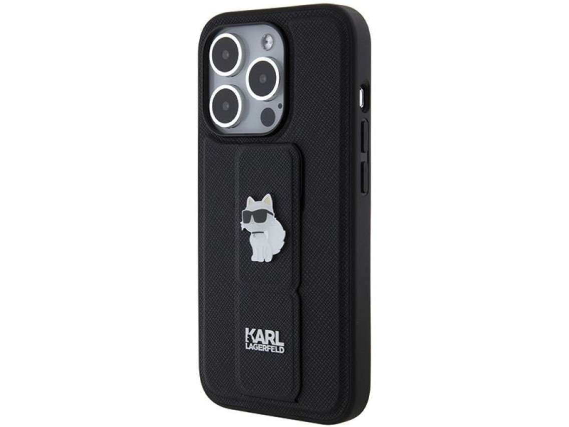Karl Lagerfeld Gripstand Saffiano Choupette Pins case for iPhone 14 Pro Max - black