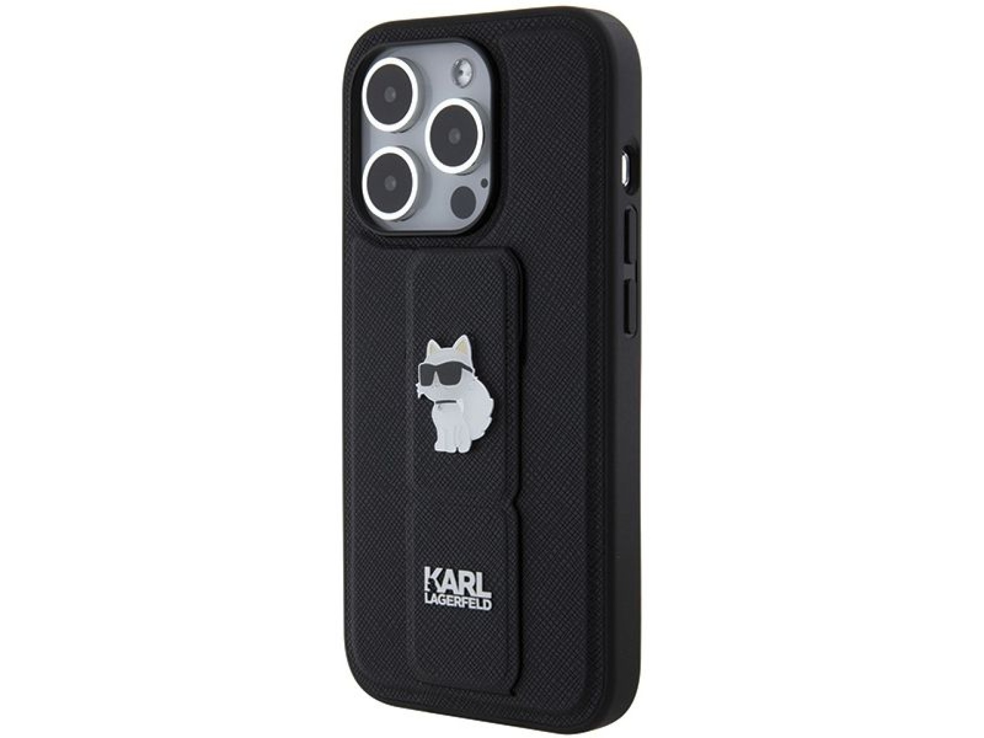 Karl Lagerfeld Gripstand Saffiano Choupette Pins case for iPhone 14 Pro Max - black