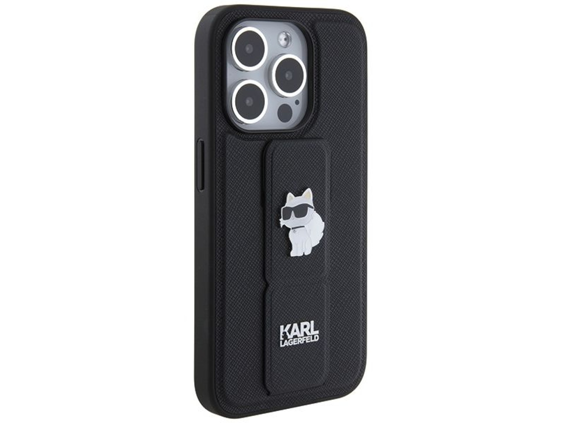 Karl Lagerfeld Gripstand Saffiano Choupette Pins case for iPhone 14 Pro Max - black