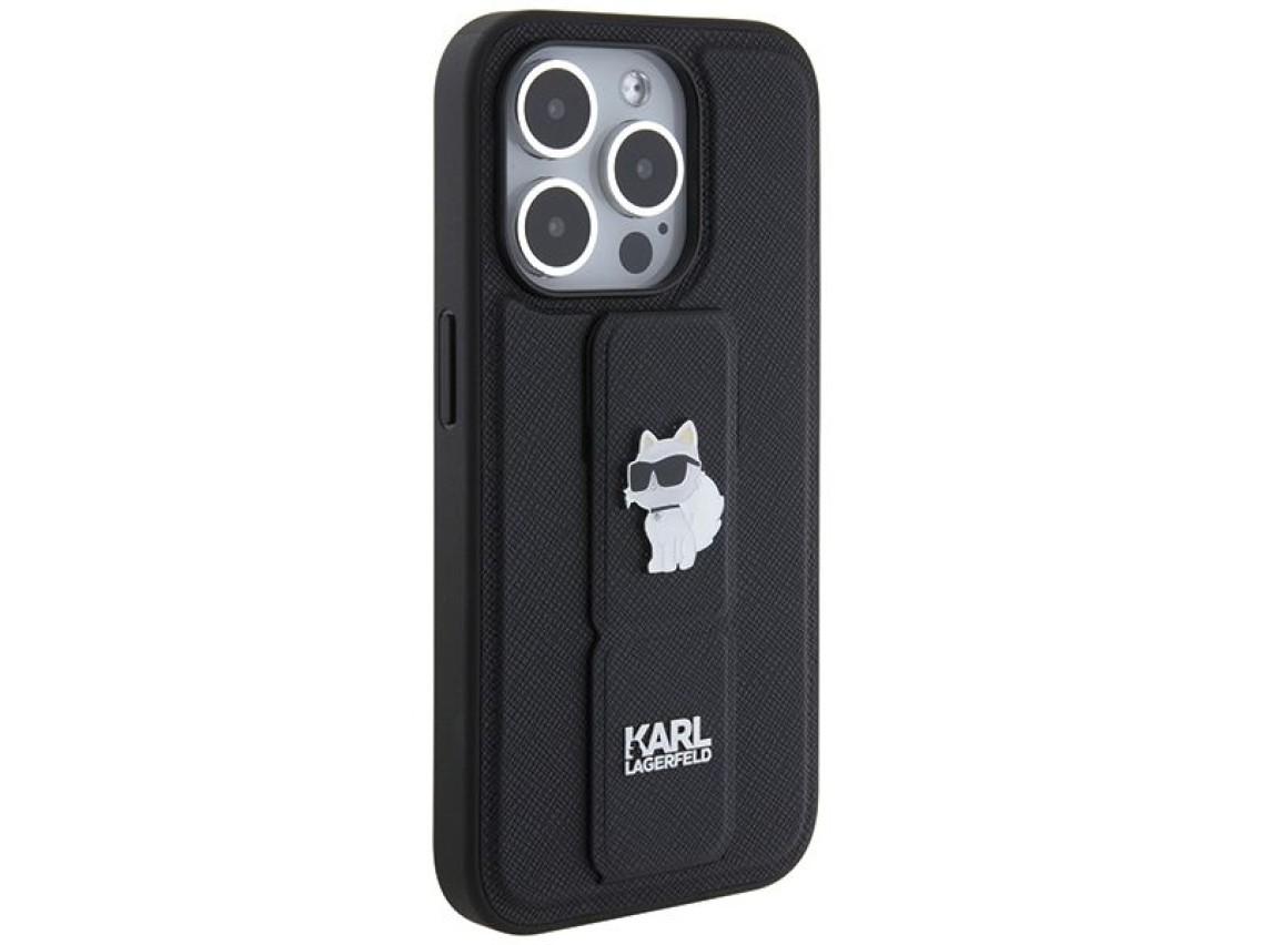 Karl Lagerfeld Gripstand Saffiano Choupette Pins case for iPhone 14 Pro Max - black