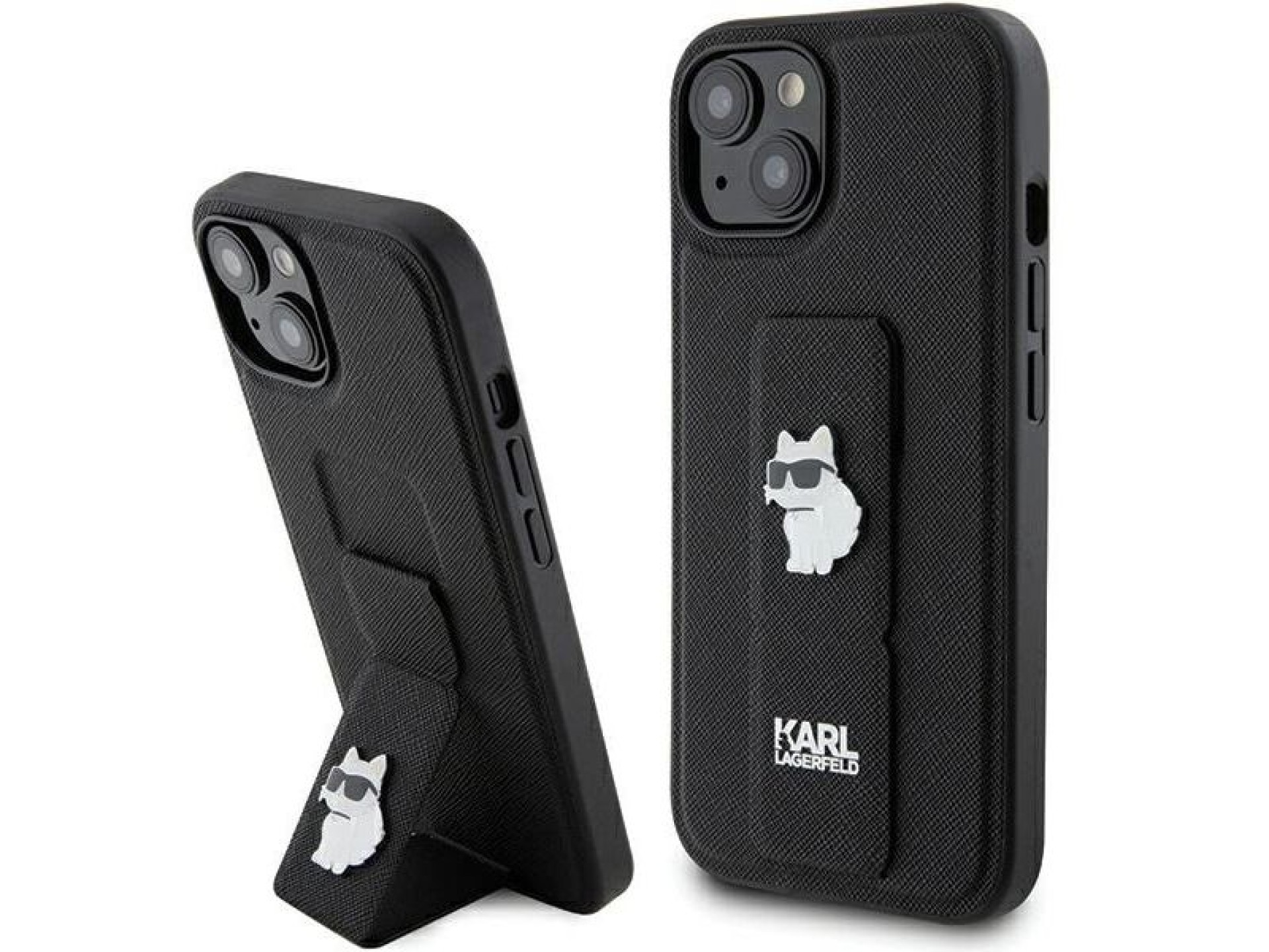 Capa Karl Lagerfeld Gripstand Saffiano Choupette Pins para iPhone 15 - preta