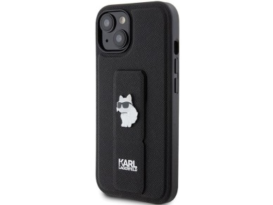 Capa Karl Lagerfeld Gripstand Saffiano Choupette Pins para iPhone 15 - preta Capa Karl Lagerfeld Gripstand Saffiano Choupette Pins para iPhone 15 - preta
