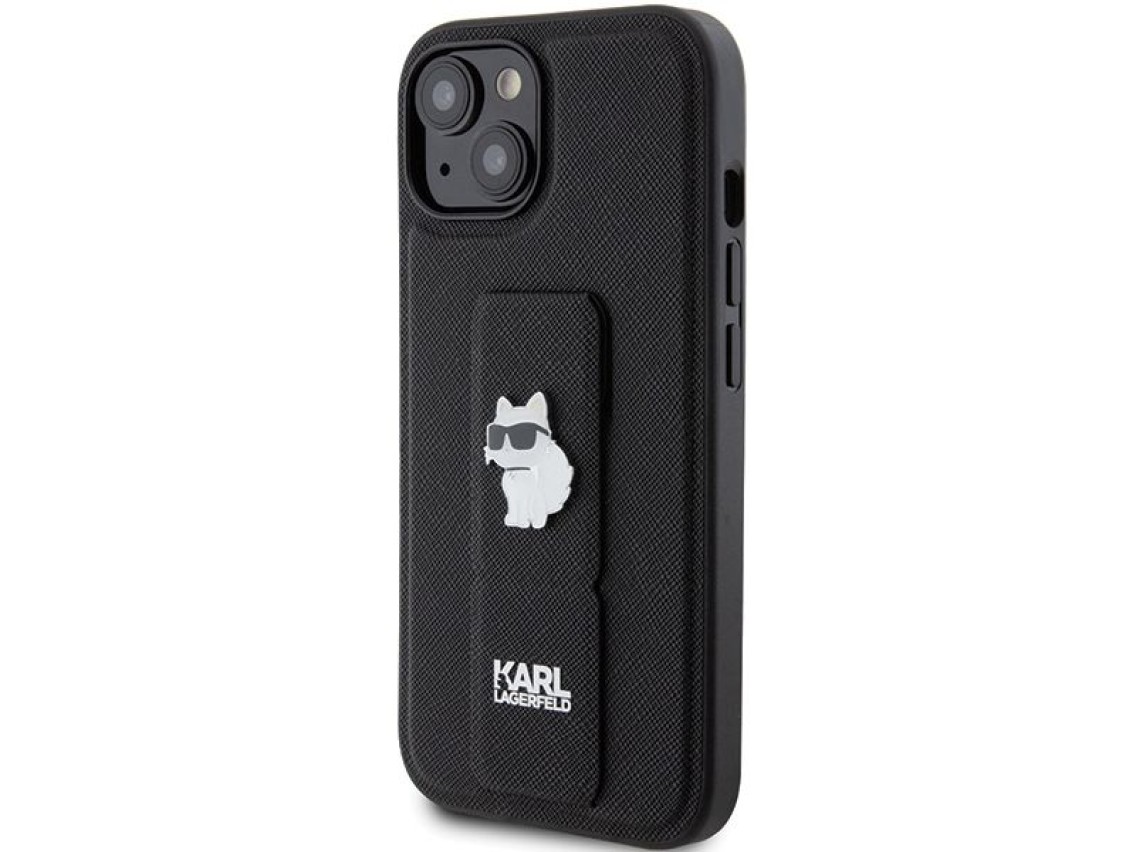 Capa Karl Lagerfeld Gripstand Saffiano Choupette Pins para iPhone 15 - preta