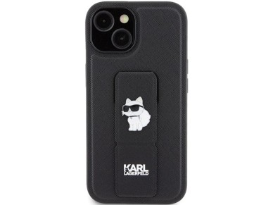 Capa Karl Lagerfeld Gripstand Saffiano Choupette Pins para iPhone 15 - preta Capa Karl Lagerfeld Gripstand Saffiano Choupette Pins para iPhone 15 - preta