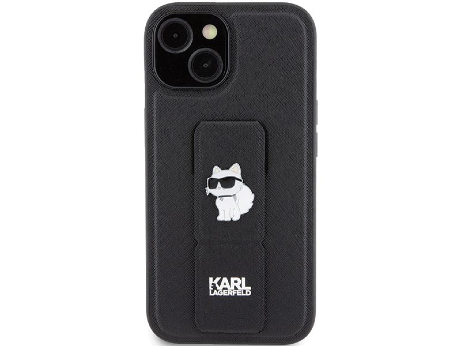 Capa Karl Lagerfeld Gripstand Saffiano Choupette Pins para iPhone 15 - preta