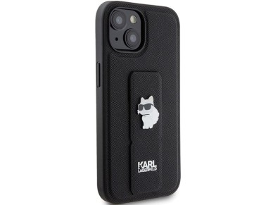 Capa Karl Lagerfeld Gripstand Saffiano Choupette Pins para iPhone 15 - preta Capa Karl Lagerfeld Gripstand Saffiano Choupette Pins para iPhone 15 - preta