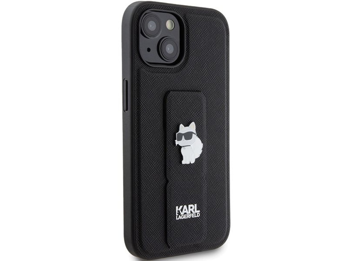 Capa Karl Lagerfeld Gripstand Saffiano Choupette Pins para iPhone 15 - preta