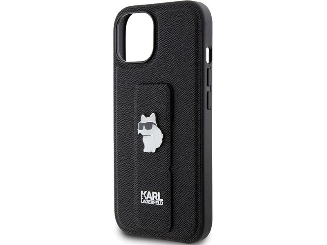 Capa Karl Lagerfeld Gripstand Saffiano Choupette Pins para iPhone 15 - preta