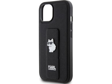 Capa Karl Lagerfeld Gripstand Saffiano Choupette Pins para iPhone 15 - preta Capa Karl Lagerfeld Gripstand Saffiano Choupette Pins para iPhone 15 - preta
