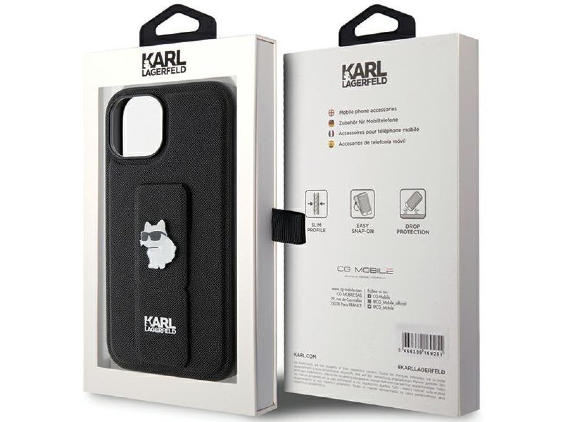 Capa Karl Lagerfeld Gripstand Saffiano Choupette Pins para iPhone 15 - preta