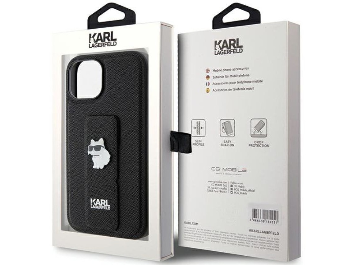 Capa Karl Lagerfeld Gripstand Saffiano Choupette Pins para iPhone 15 - preta