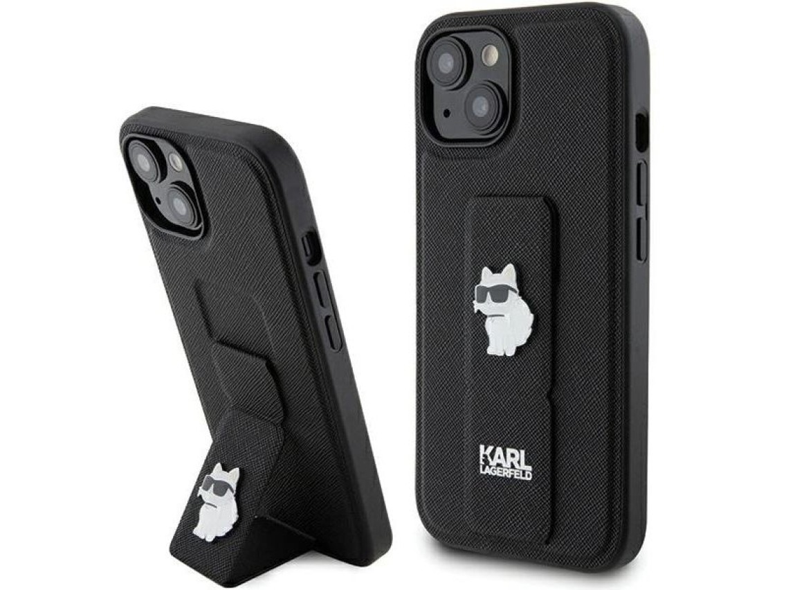 Karl Lagerfeld Gripstand Saffiano Choupette Pins Case for iPhone 15 Plus / 14 Plus - Black