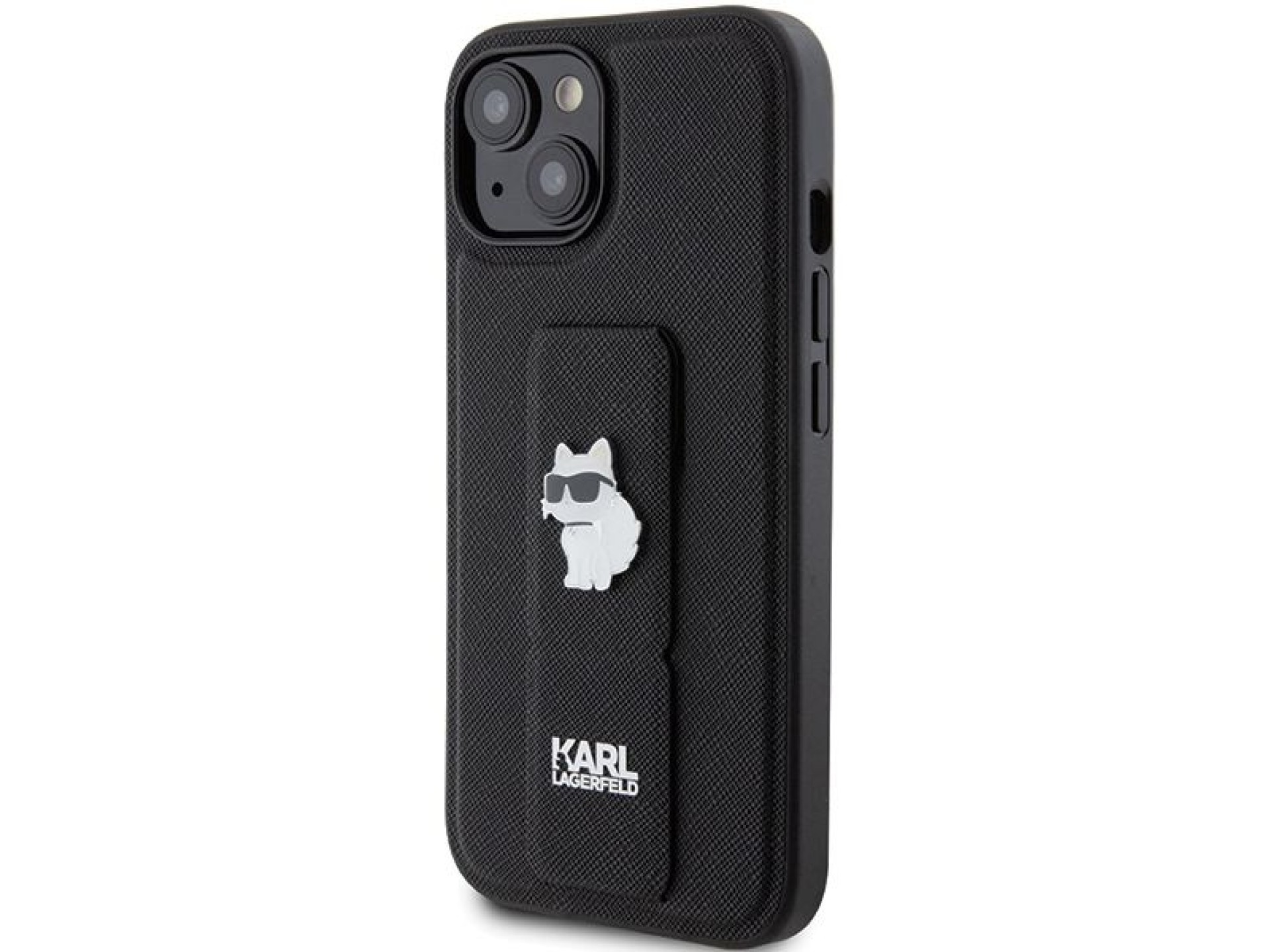 Karl Lagerfeld Gripstand Saffiano Choupette Pins Case for iPhone 15 Plus / 14 Plus - Black