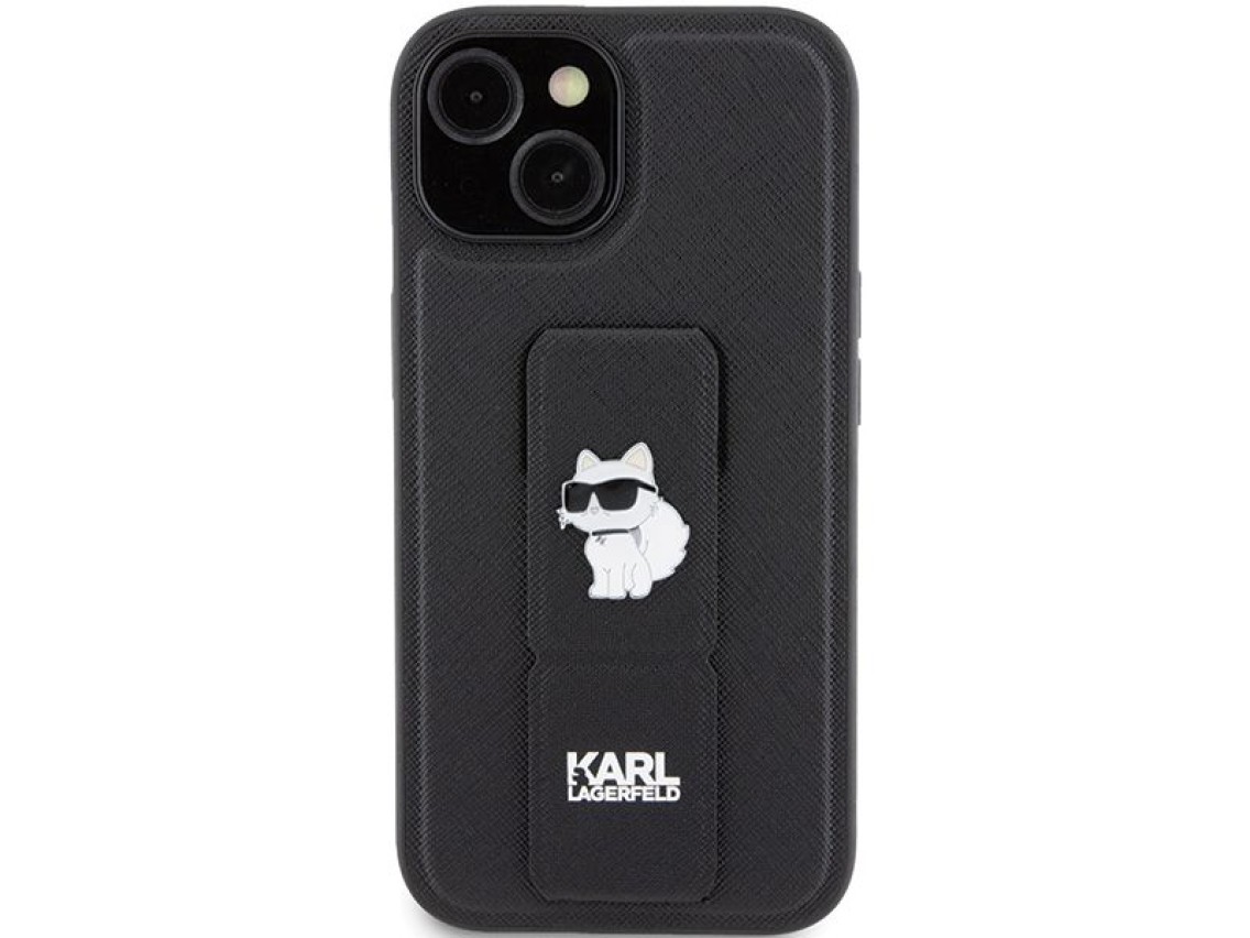 Karl Lagerfeld Gripstand Saffiano Choupette Pins Case for iPhone 15 Plus / 14 Plus - Black