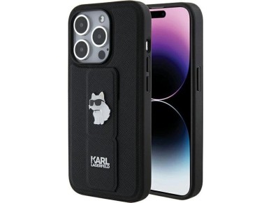 Karl Lagerfeld Gripstand Saffiano Choupette Pins case for iPhone 15 Pro - black