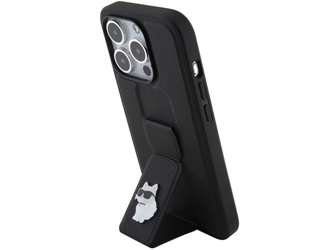 Karl Lagerfeld Gripstand Saffiano Choupette Pins case for iPhone 15 Pro - black
