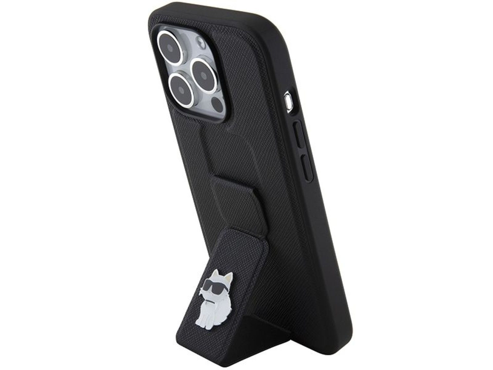Karl Lagerfeld Gripstand Saffiano Choupette Pins case for iPhone 15 Pro - black