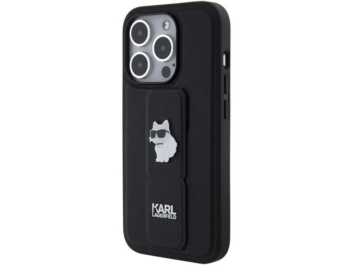 Karl Lagerfeld Gripstand Saffiano Choupette Pins case for iPhone 15 Pro - black