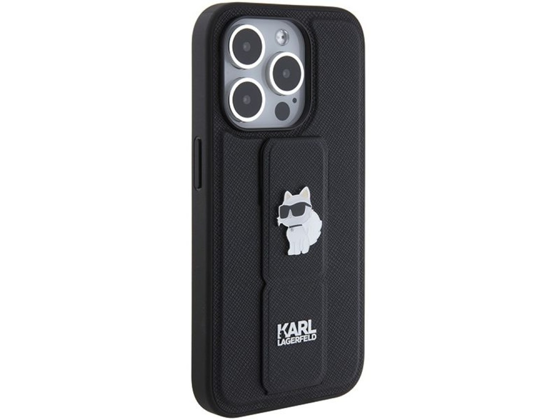 Karl Lagerfeld Gripstand Saffiano Choupette Pins case for iPhone 15 Pro - black