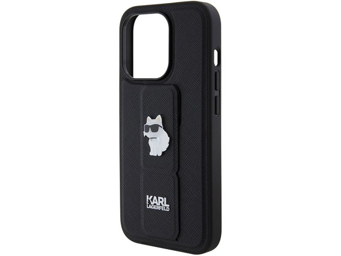 Karl Lagerfeld Gripstand Saffiano Choupette Pins case for iPhone 15 Pro - black