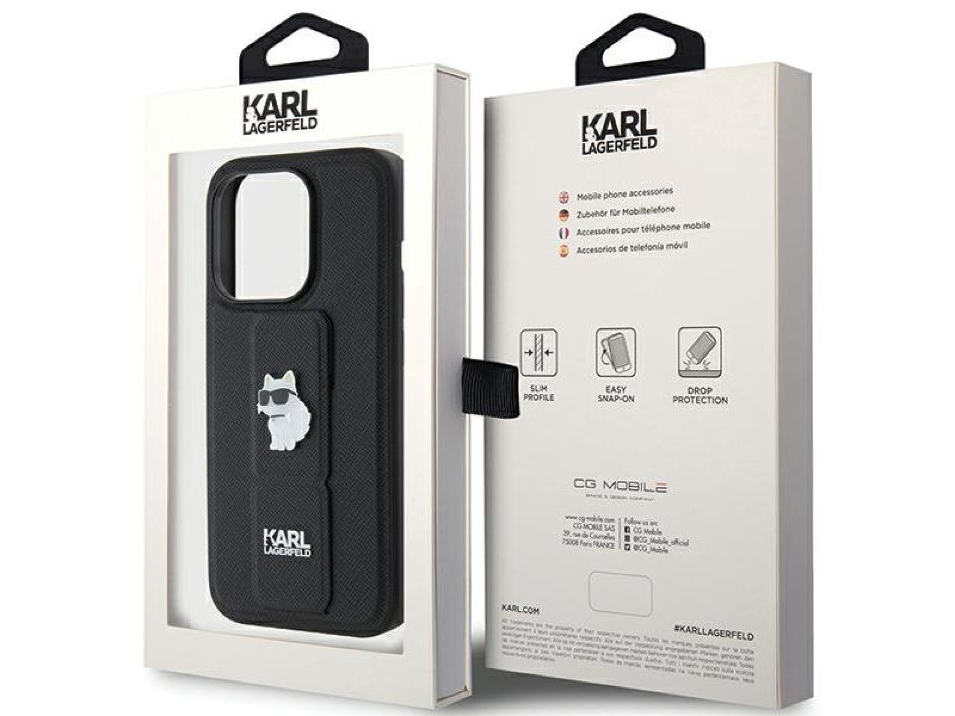 Karl Lagerfeld Gripstand Saffiano Choupette Pins case for iPhone 15 Pro - black