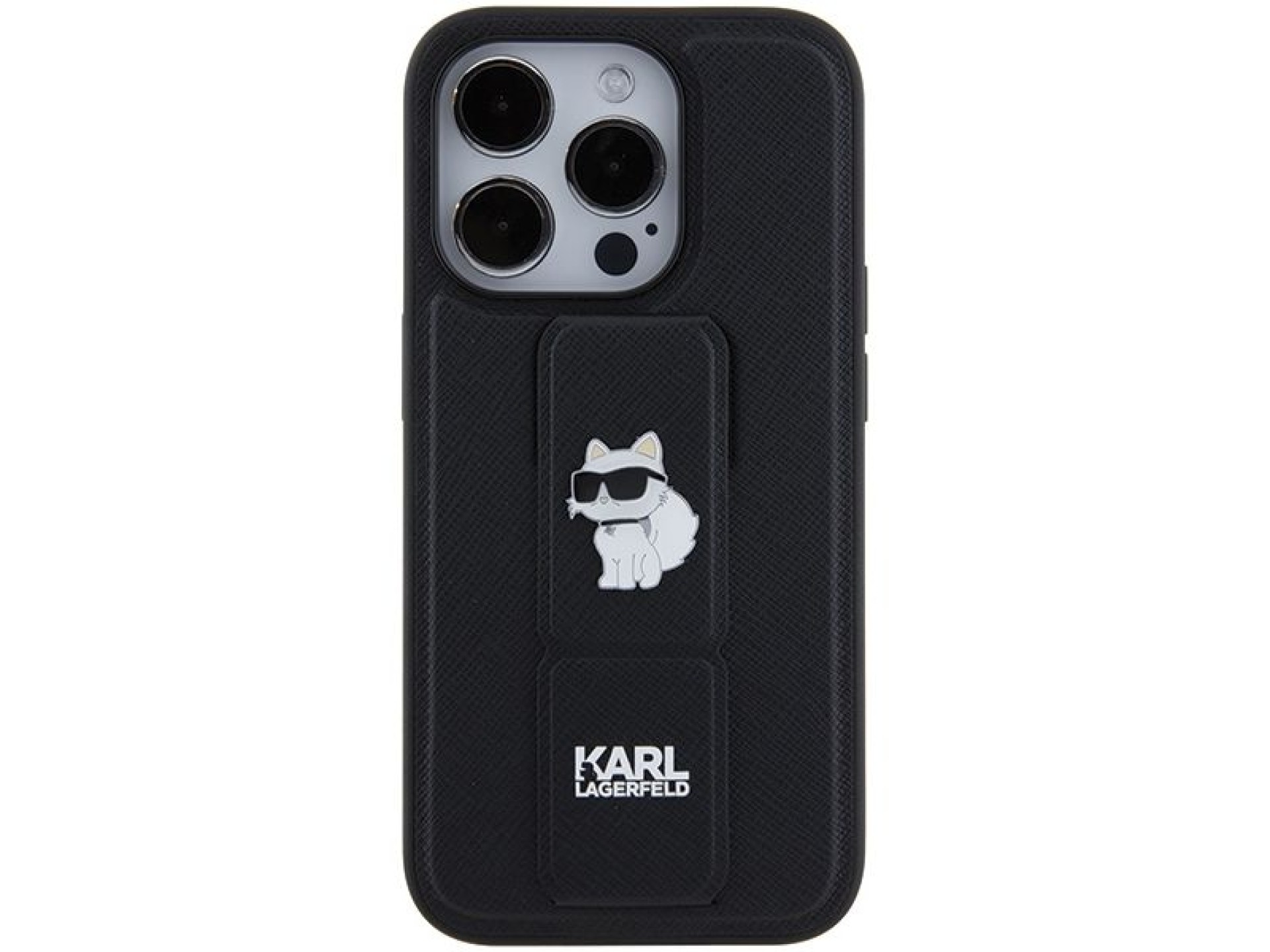 Funda Karl Lagerfeld Gripstand Saffiano Choupette Pins para iPhone 15 Pro Max - negra