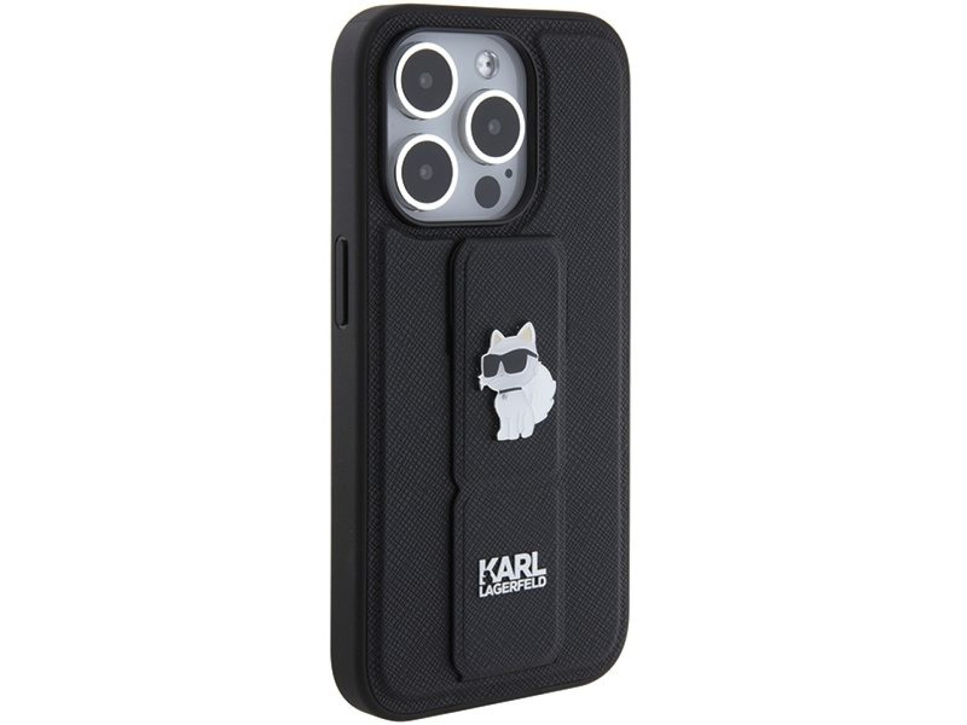 Funda Karl Lagerfeld Gripstand Saffiano Choupette Pins para iPhone 15 Pro Max - negra