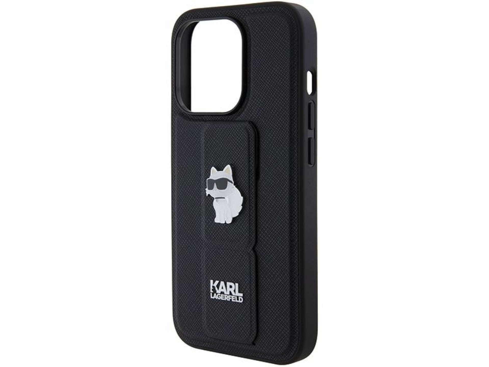 Funda Karl Lagerfeld Gripstand Saffiano Choupette Pins para iPhone 15 Pro Max - negra