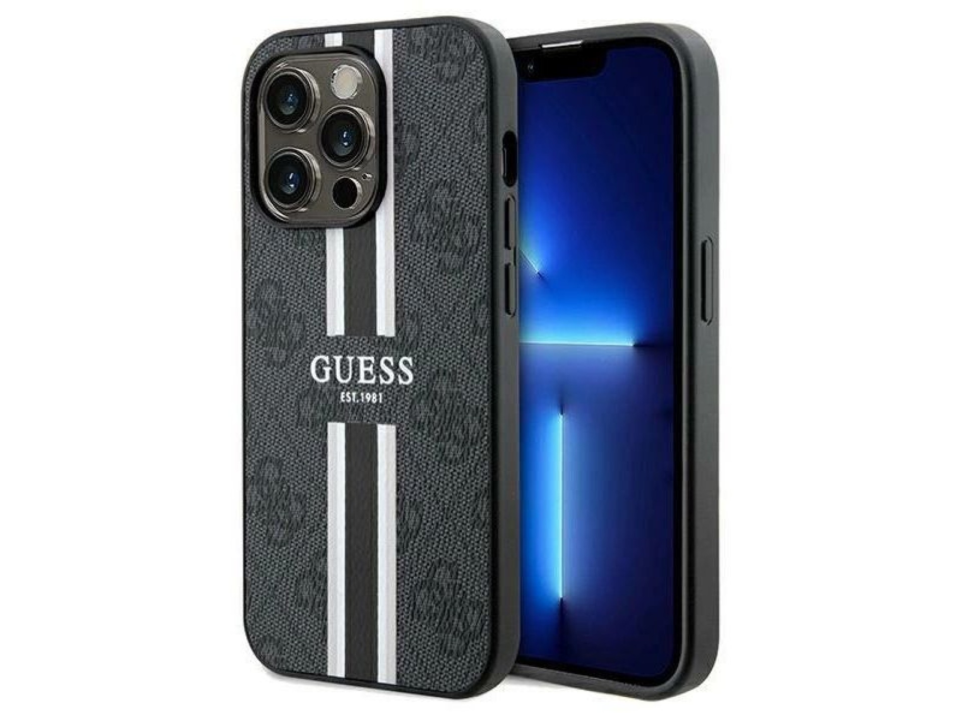 Funda Guess 4G con estampado de rayas y MagSafe para iPhone 15 Pro Max - negra