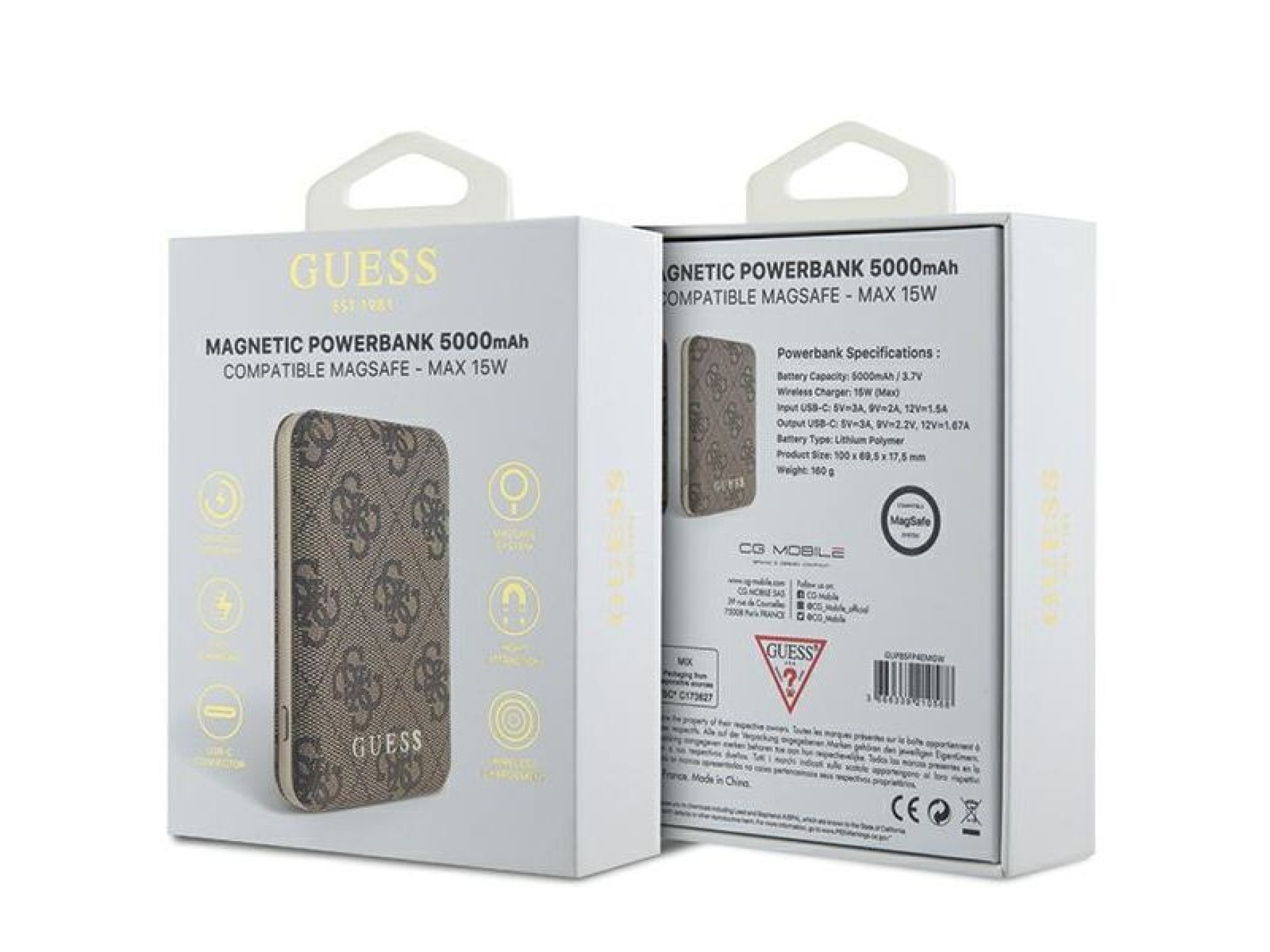 Guess Powerbank inductive 15W GUPB5FP4EMGW 5000mAh brown/brown 4G Leather Metal Logo MagSafe