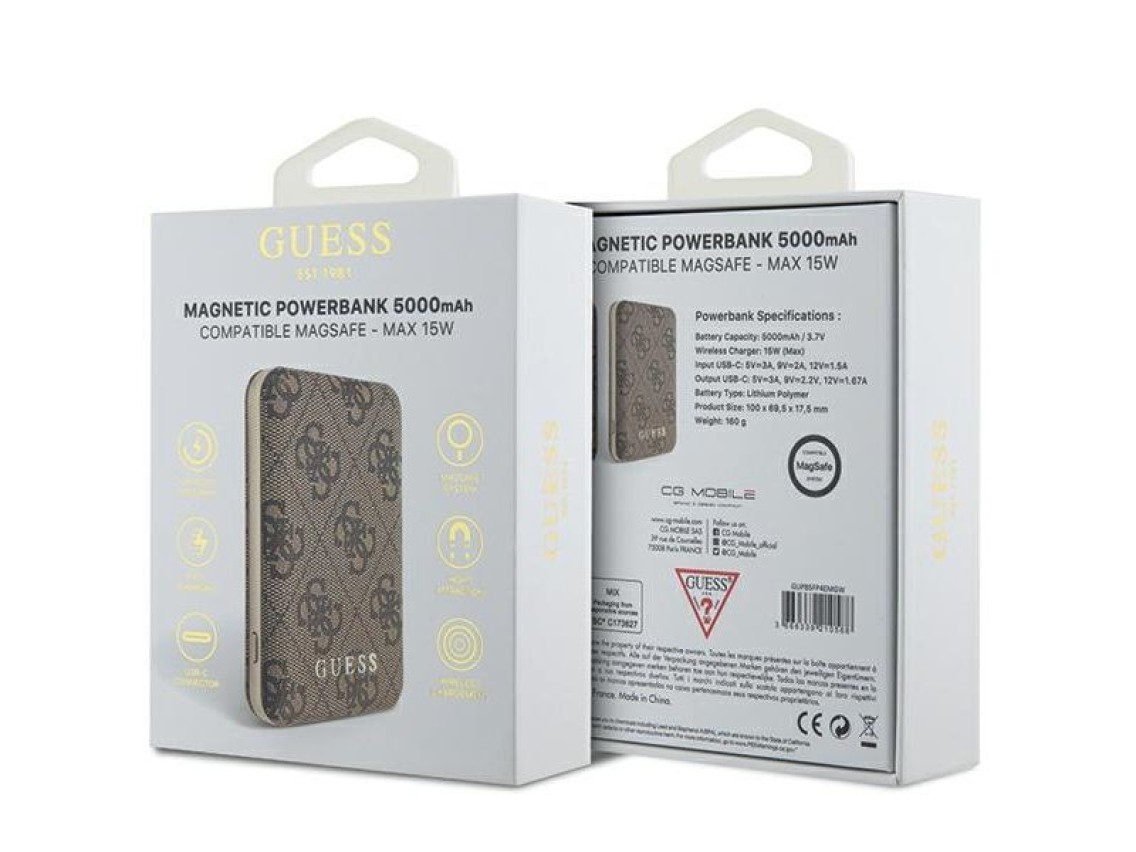 Guess Powerbank inductive 15W GUPB5FP4EMGW 5000mAh brown/brown 4G Leather Metal Logo MagSafe