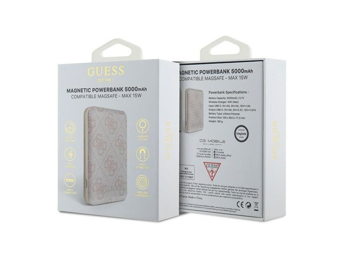Guess Powerbank inductive 15W GUPB5FP4EMGP 5000mAh pink/pink 4G Leather Metal Logo MagSafe