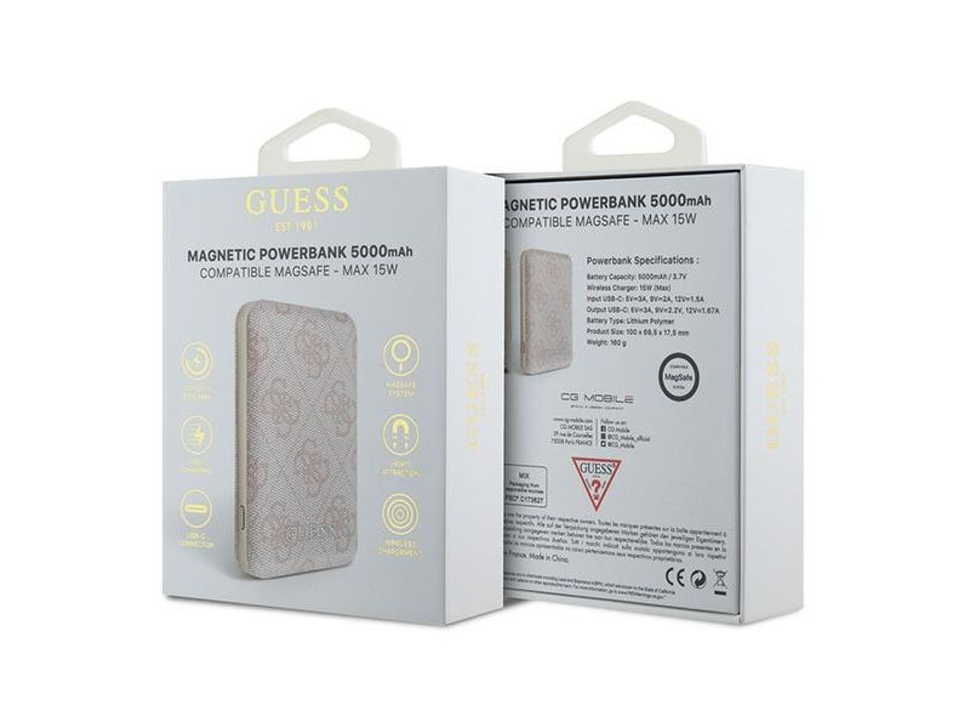 Guess Powerbank inductive 15W GUPB5FP4EMGP 5000mAh pink/pink 4G Leather Metal Logo MagSafe