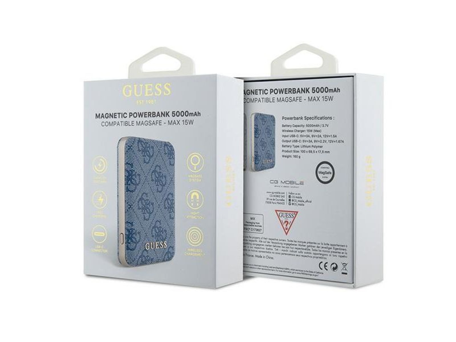 Guess Powerbank inductive 15W GUPB5FP4EMGB 5000mAh blue/blue 4G Leather Metal Logo MagSafe