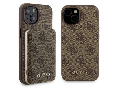 Funda Guess 4G con logo met�lico para iPhone 15 + bater�a externa MagSafe de 5000 mAh - marr�n