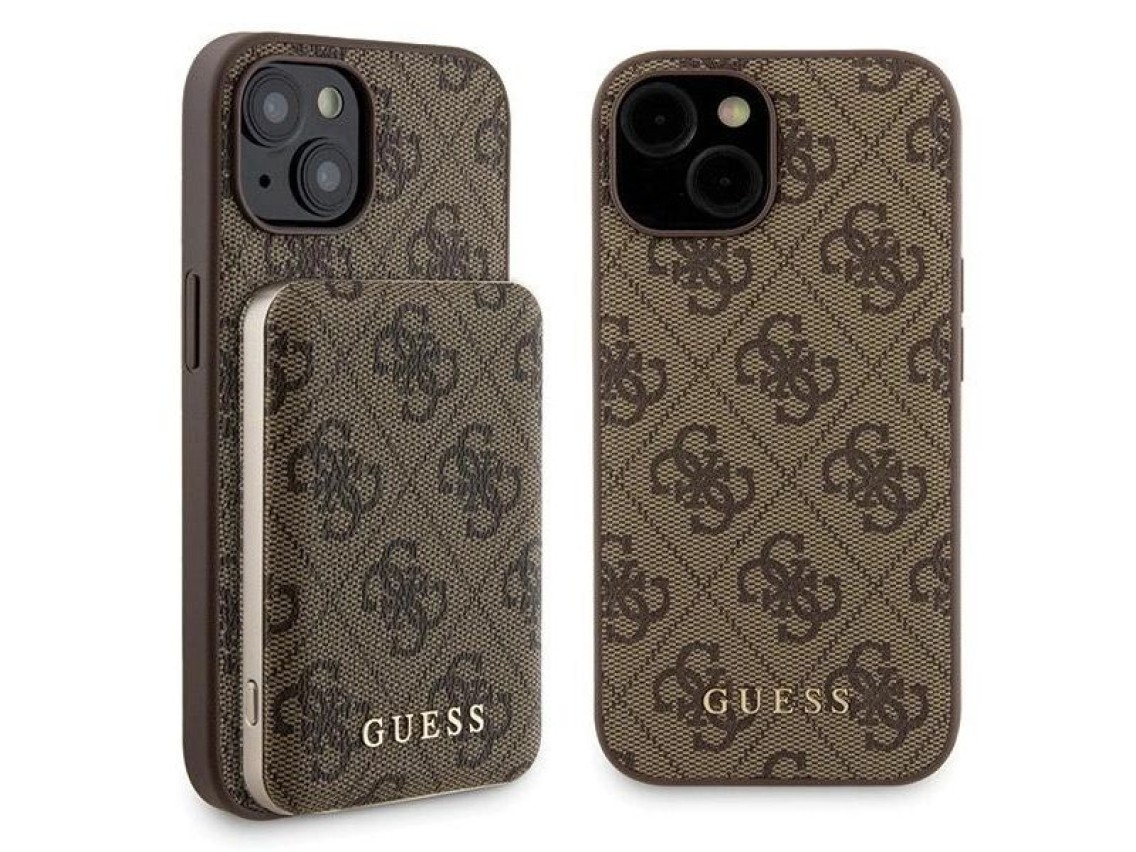 Conjunto Guess 4G com capa Metal Logo para iPhone 15 + carregador port�til MagSafe de 5000mAh - marr