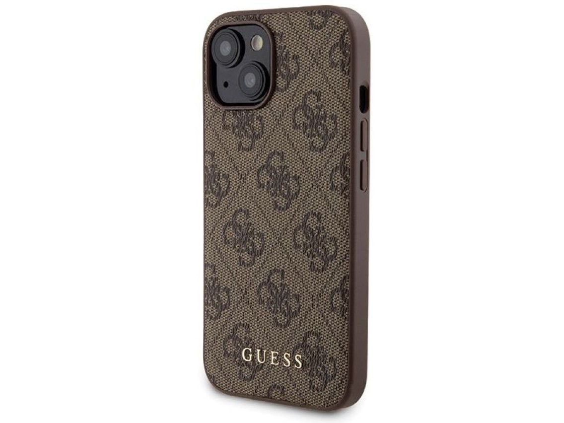 Conjunto Guess 4G com capa Metal Logo para iPhone 15 + carregador port�til MagSafe de 5000mAh - marr