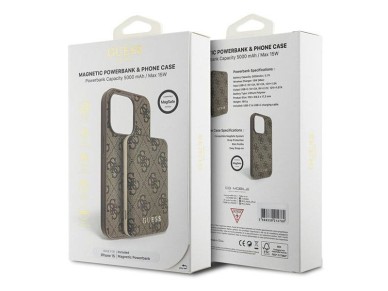 Funda Guess 4G con logo met�lico para iPhone 15 + bater�a externa MagSafe de 5000 mAh - marr�n