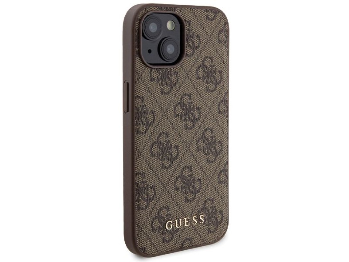 Conjunto Guess 4G com capa Metal Logo para iPhone 15 + carregador port�til MagSafe de 5000mAh - marr