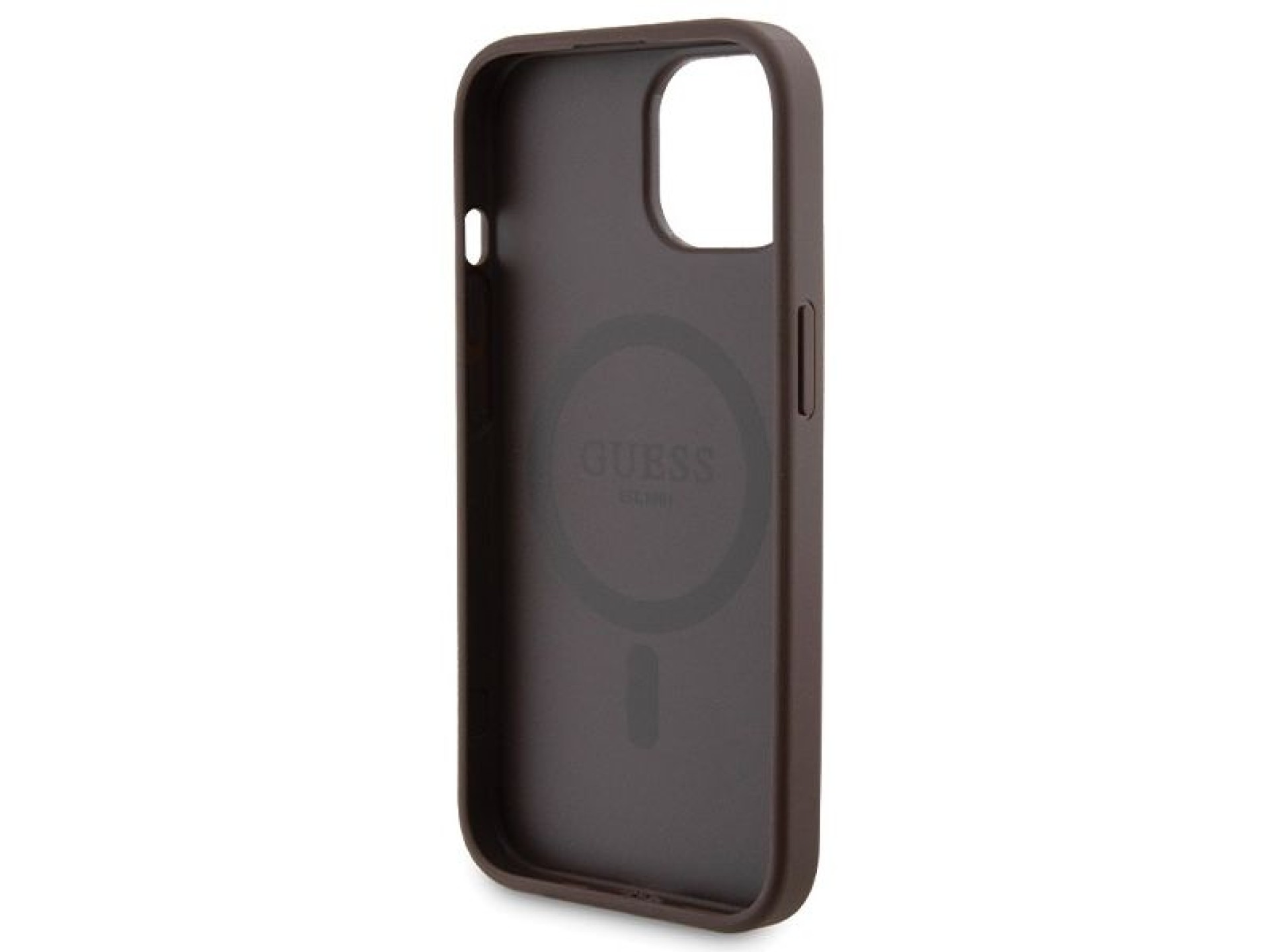Conjunto Guess 4G com capa Metal Logo para iPhone 15 + carregador portátil MagSafe de 5000mAh - marr