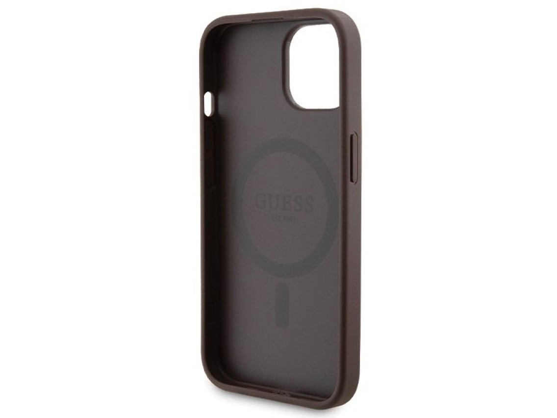 Conjunto Guess 4G com capa Metal Logo para iPhone 15 + carregador port�til MagSafe de 5000mAh - marr