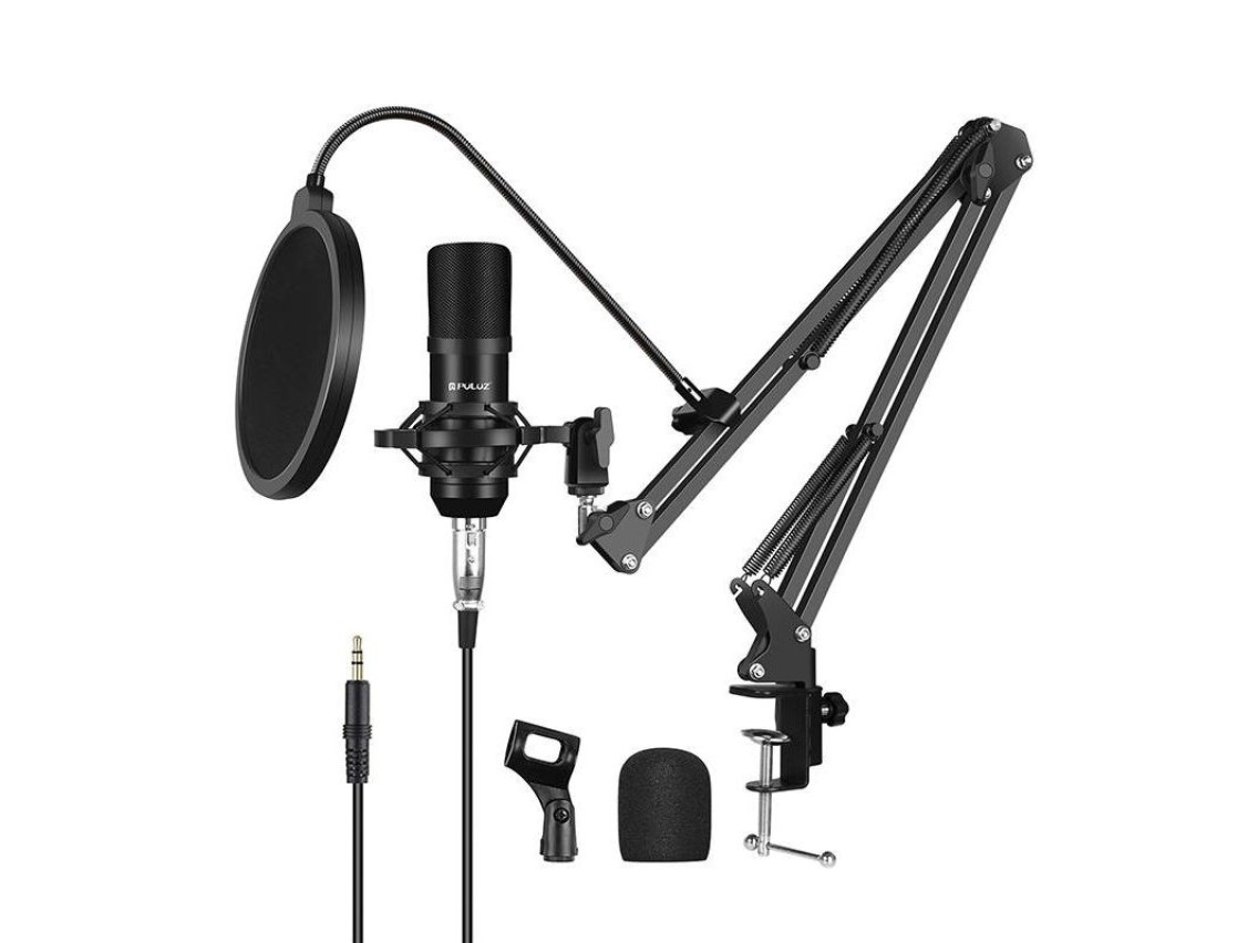 Microfone condensador Puluz PU612B para estúdio e transmissão.