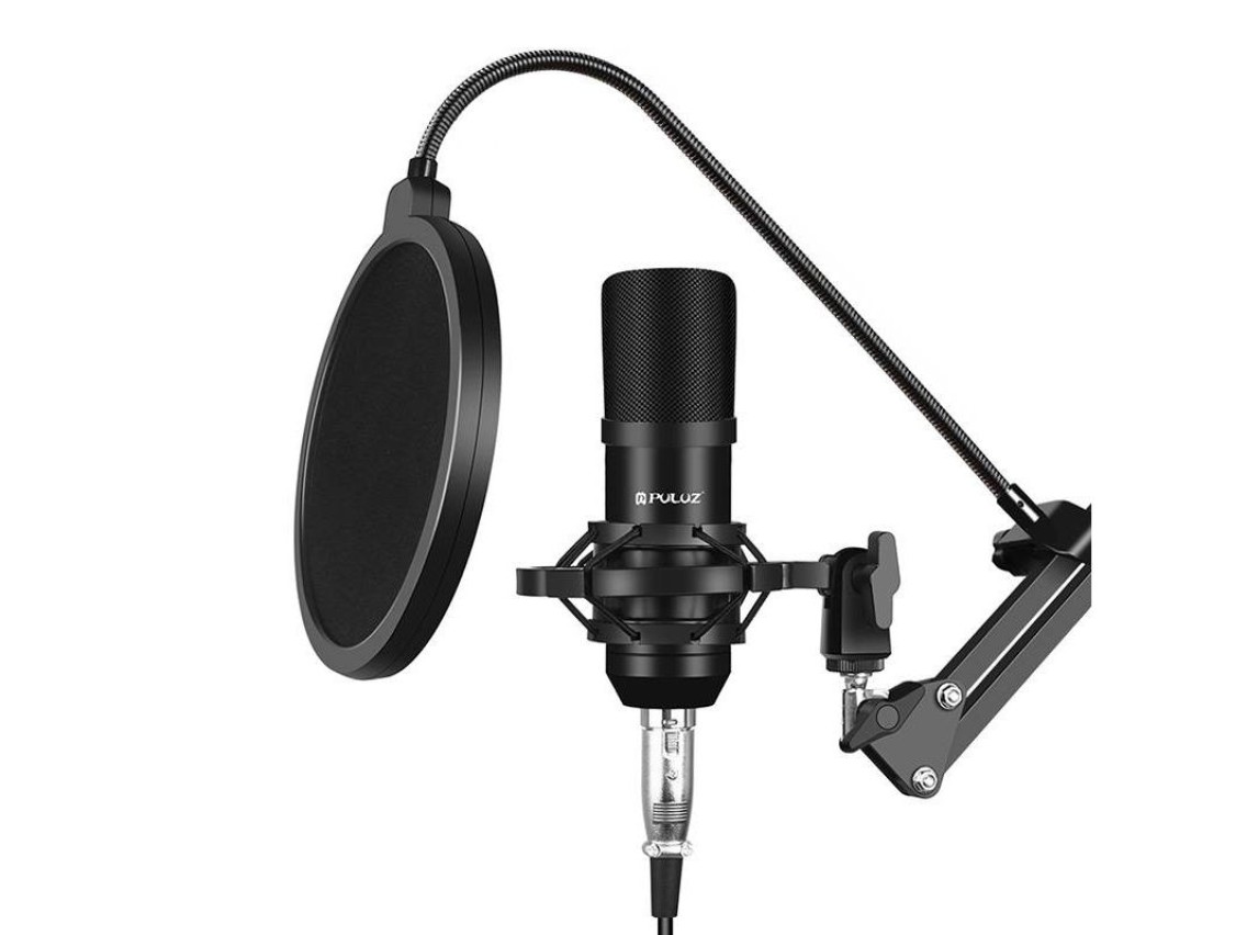 Microfone condensador Puluz PU612B para estúdio e transmissão.