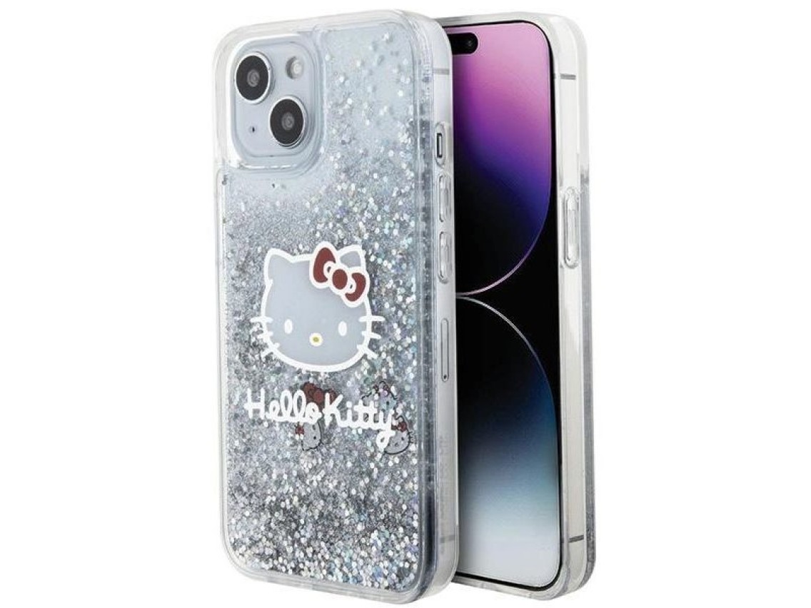 Hello Kitty Liquid Glitter Charms Kitty Head case for iPhone 15 - silver