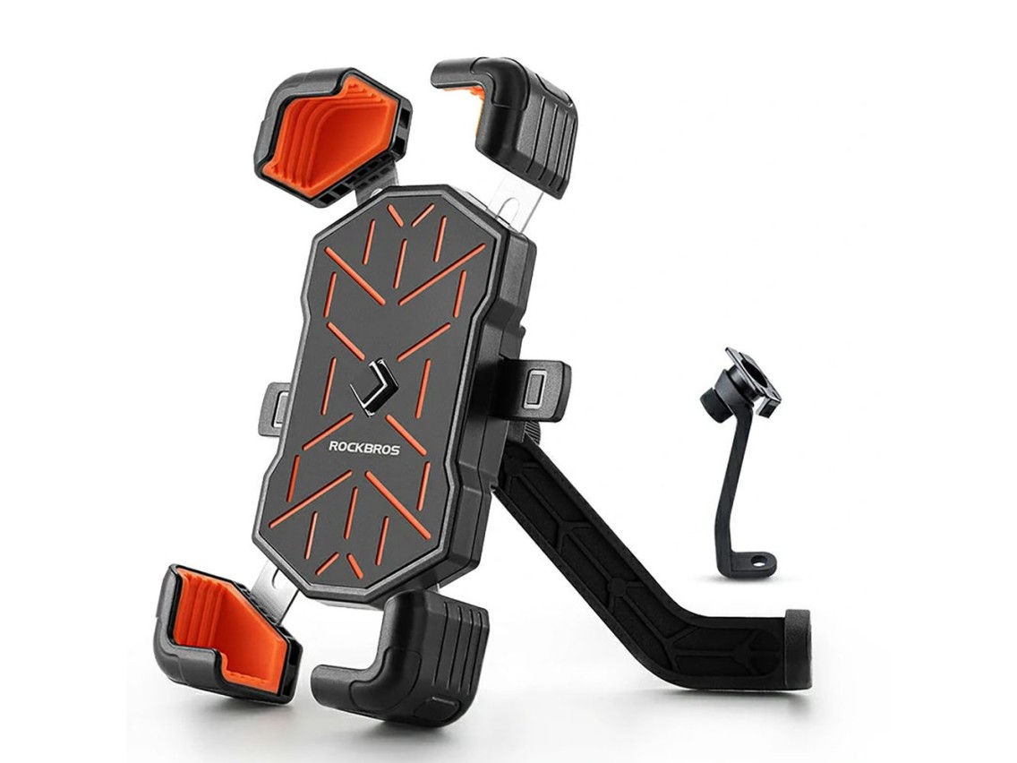 Suporte para celular Rockbros HW-117 com fixação no guidão - Preto e laranja