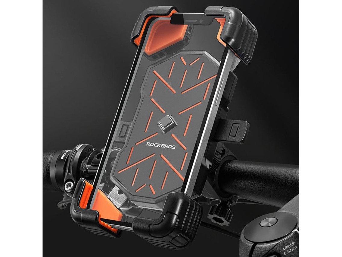 Suporte para celular Rockbros HW-117 com fixação no guidão - Preto e laranja