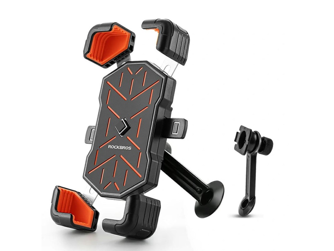 Suporte para celular Rockbros HW-117 com fixação no guidão - Preto e laranja