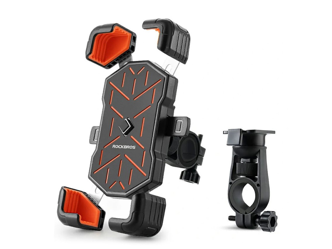 Suporte para celular Rockbros HW-117 com fixação no guidão - Preto e laranja